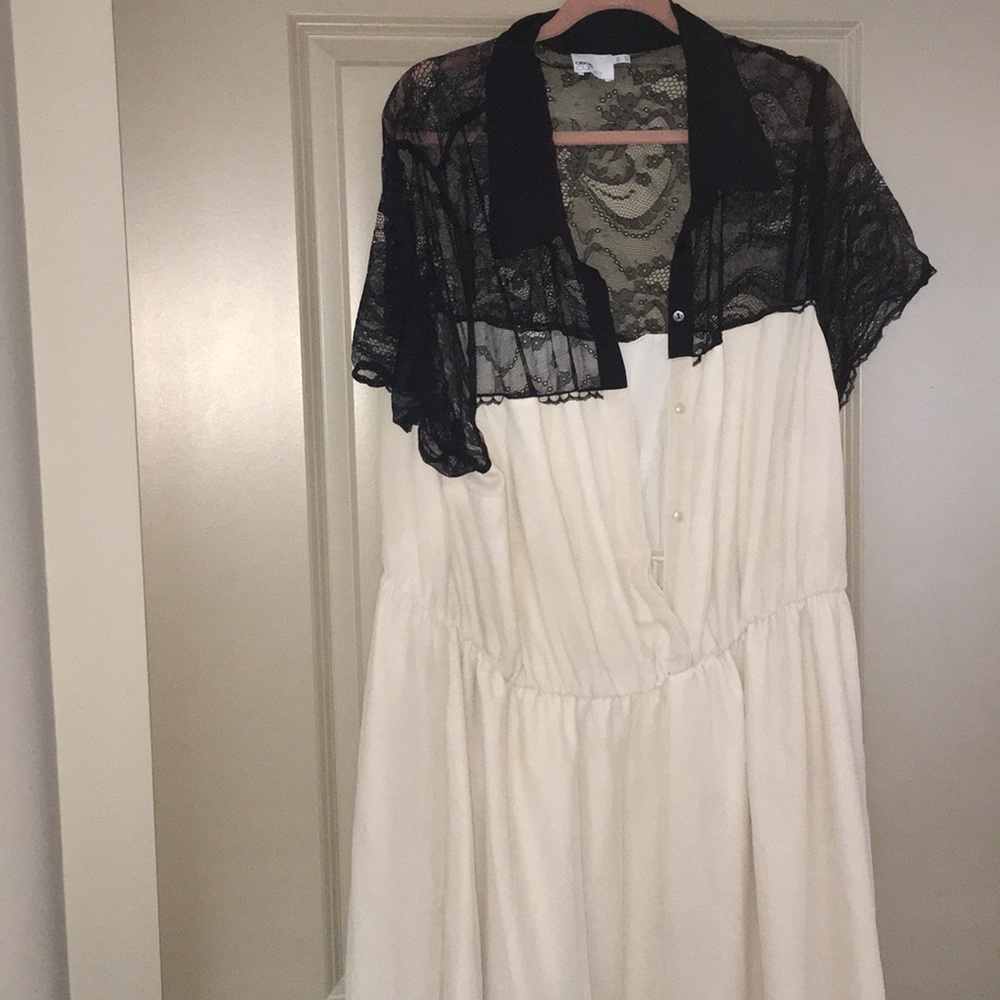 Cream and black dress.
